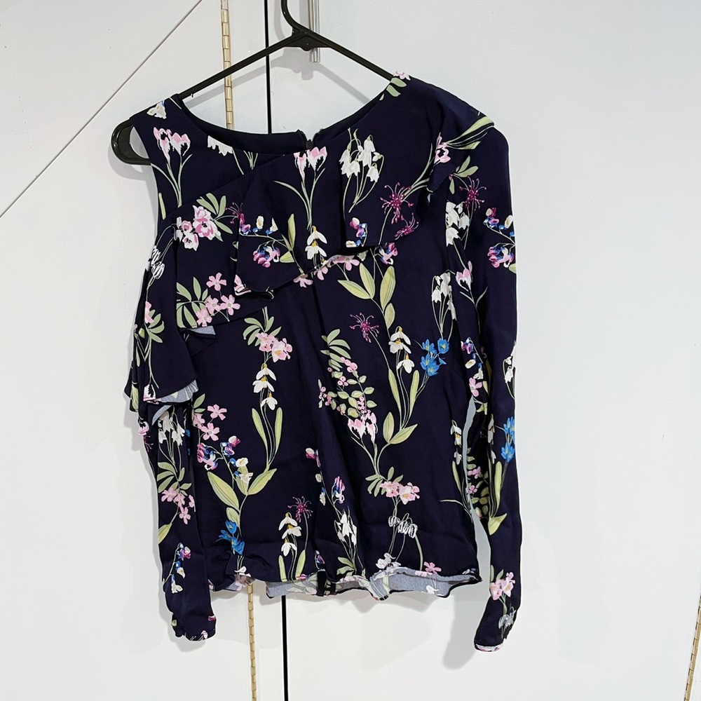 Karen Millen blue floral cold shoulder blouse US6